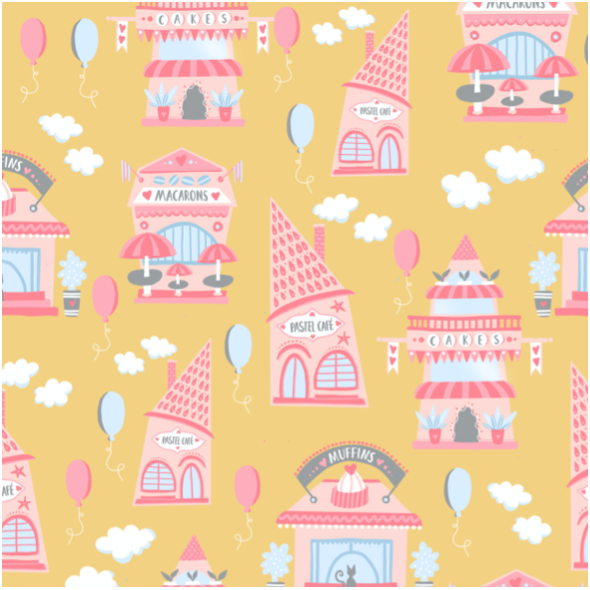 Tkanina 21231 | Yellow Pink City Sweet Cafe