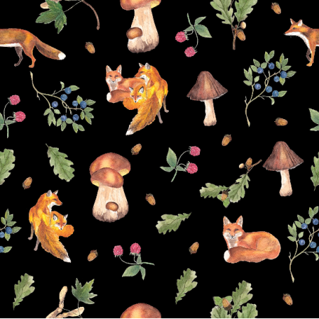 Fabric  | Foxes in the forest lisy w lesie black