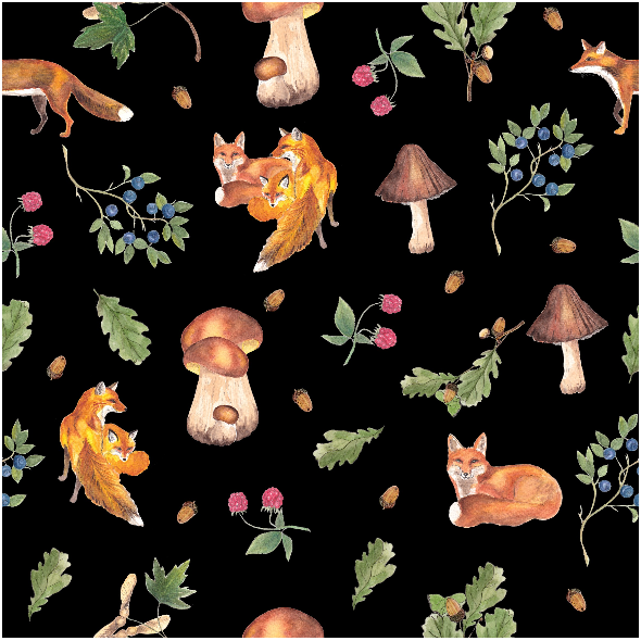 Fabric  | Foxes in the forest lisy w lesie black