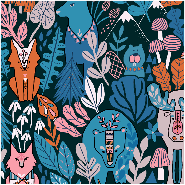 Fabric 22550 | Canada. Canadian wildlife animals. moose, bear, fox, bunny, deer
