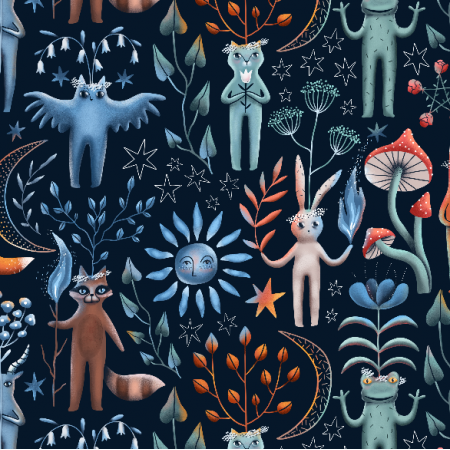 Tkanina 22551 | Ritual midsummer forest animals. owl, goat, cat, frog, bunny, raccoon, fox.