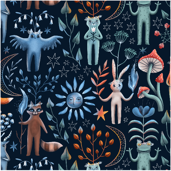 Fabric 22551 | Ritual midsummer forest animals. owl, goat, cat, frog, bunny, raccoon, fox.