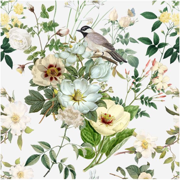 Tkanina 22998 | białe kwiaty I ptaszek na białym 