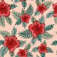 Fabric 23892 | Tropikalny kwiatowy wzór. Czerwone hibiskusy i tropikalne liście palmy na łososiowym tle