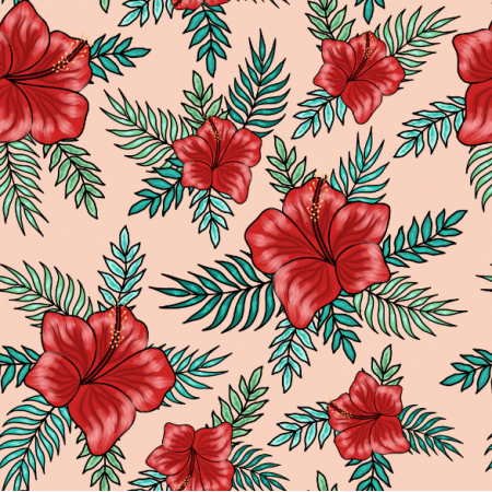 Fabric 23892 | Tropikalny wzór. Czerwone hibiskusy i tropikalne liście palmy na łososiowym tle
