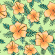 Tkanina 23895 | Tropikalny wzór. Pomarańczowe hibiskusy i tropikalne liście na seledynowym tle