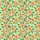 Fabric 23895 | Tropikalny KWIATOWY wzór. Pomarańczowe hibiskusy i tropikalne liście na seledynowym tle