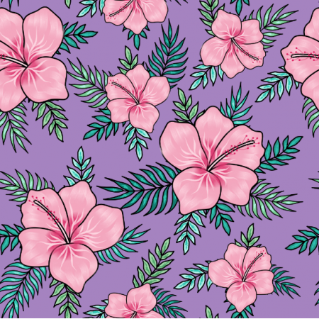 23896 | Tropikalny wzór. Różowe hibiskusy i tropikalne liście na fioletowymwym tle