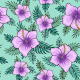 Tkanina 23897 | Tropikalny wzór. Fioletowe hibiskusy i tropikalne liście na turkusowym tle