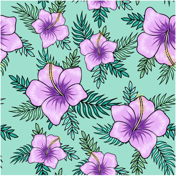 Fabric 23897 | Tropikalny wzór. Fioletowe hibiskusy i tropikalne liście na turkusowym tle