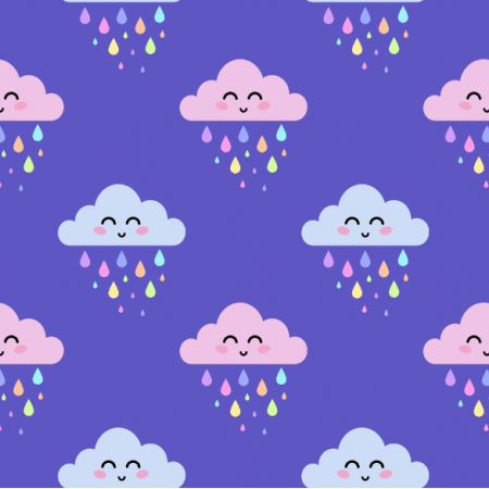 23938 | Różowe i szare uśmiechnięte chmurki z tęczowymi kroplami deszczu na ciemno-fioletowym tle