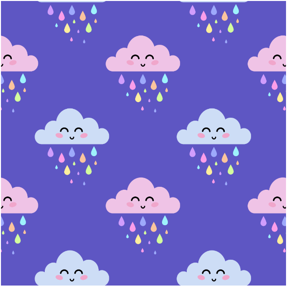 Tkanina 23938 | Różowe i szare uśmiechnięte chmurki z tęczowymi kroplami deszczu na ciemno-fioletowym tle