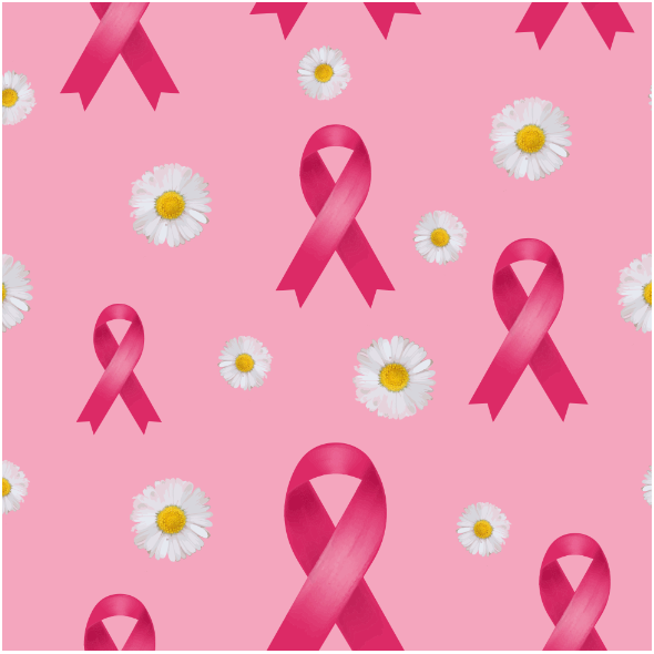 Tkanina 24059 | RÓŻOWA WSTĄŻKA ZE STOKROTKAMI NA RÓŻOWYM TLE. SYMBOL RAKA PIERSI