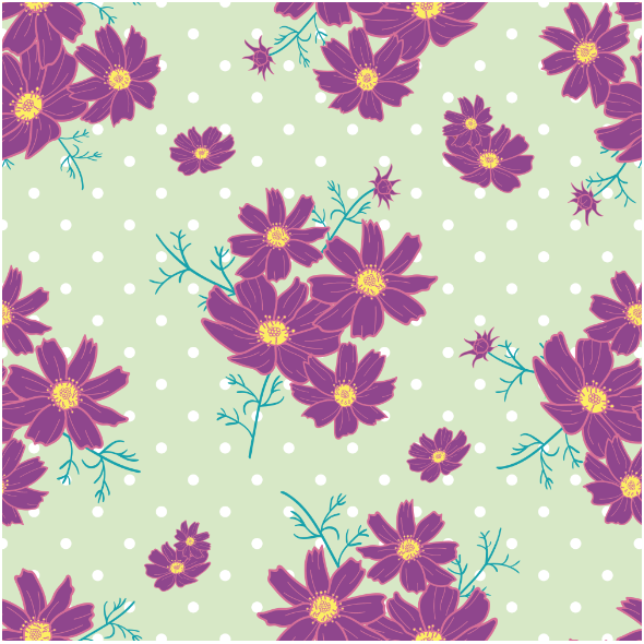 Fabric 24366 | KWIATOWY WZÓR, ciemno-FIOLETOWE KWIATY KOSMOS NA miętowym TLE Z KROPECZKAMI0