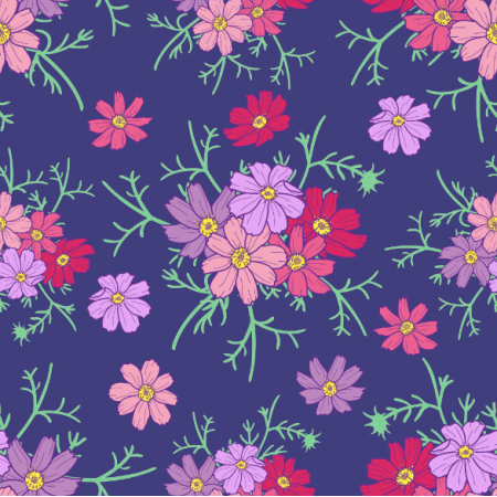 Tkanina 24368 | Kwiaty kosmos różowe i fioletowe na granatowym tle