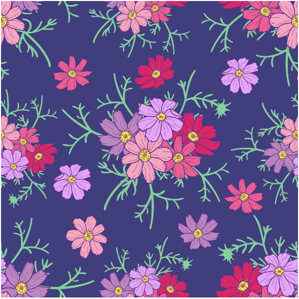 Fabric 24368 | Kwiaty kosmos różowe i fioletowe na granatowym tle