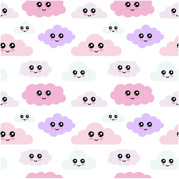 Tkanina 24370 | DZIECIĘCY WZÓR, pastelowe chmurki z buźkami na białym tle0