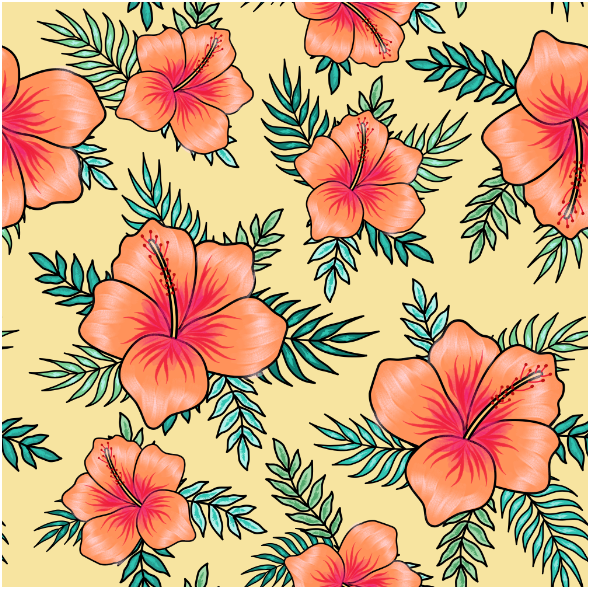 Fabric 24563 | Pomarańczowe hibiskusy z liśćmi palmy na żółtym tle
