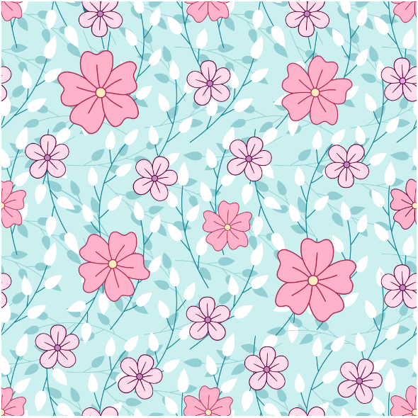 Fabric 24575 | Różowe kwiatki z gałązkami na jasno niebieskim tle