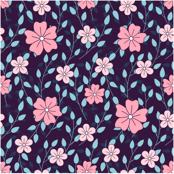Tkanina 24616 | KWIATOWY WZÓR,  Różowe kwiatki z gałązkami na granatowym tle0
