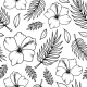 Fabric 24638 | Tropikalny wzór. Biało-czarne hibiskusy i liście palmy
