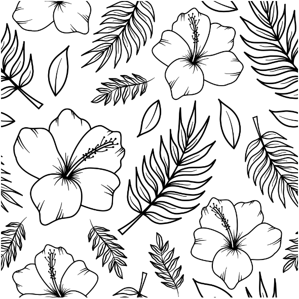 Tkanina 24638 | Tropikalny wzór. Biało-czarne hibiskusy i liście palmy
