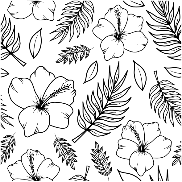 Fabric 24638 | Tropikalny kwiatowy wzór. Biało-czarne hibiskusy i liście palmy0