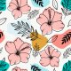 Fabric 24790 | TROPIKALNY kwiatowy WZÓR. RÓŻOWE HIBISKUSY I TROPIKALNE LIŚCIE NA KOLOROWYM TLE0