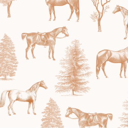 Tkanina 25000 | konie i drzewa sepia na białym 