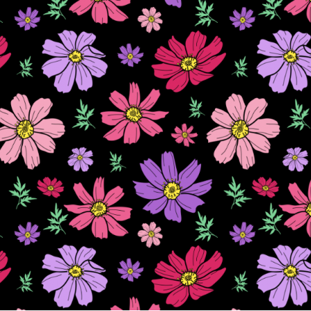 25224 | Różowe i filetowe Kwiaty kosmos z liśćmi na czarnym tle. kwiatowy wzór bezszwowy