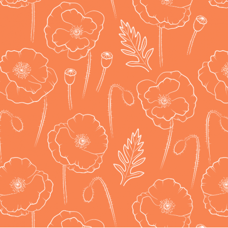Tkanina 25233 | Obrysy maków na pomarańczowym tle. Kwiatowy wzór bezszwowy