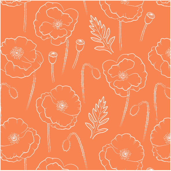 Fabric 25233 | Obrysy maków na pomarańczowym tle. Kwiatowy wzór bezszwowy