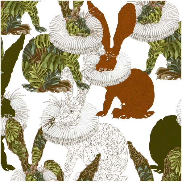 Tkanina 25431 | Monstera's Hare white