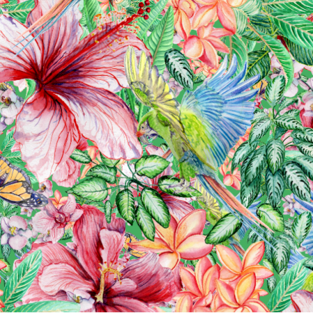 Fabric 26345 | papugi z roślinnością tropiki