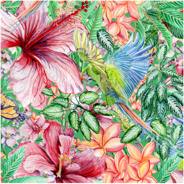 Fabric 26345 | papugi z roślinnością tropiki