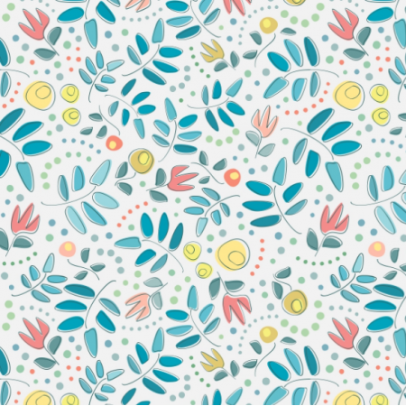 Tkanina 27945 | Simple hand drawn flowers, leaves and polka dots