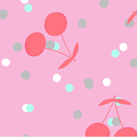 28236 | cherries on a pink background with colorful polka dots0
