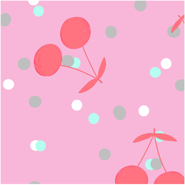 Fabric 28236 | cherries on a pink background with colorful polka dots0