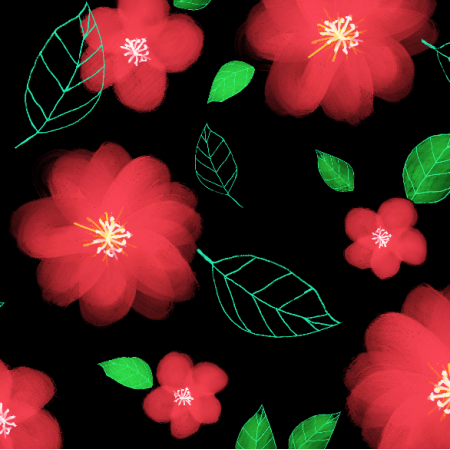 Fabric 28305 | Red Flowers on black background.