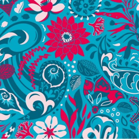 28418 | Blue waterways paisley splashes with red aquatic fancy plants