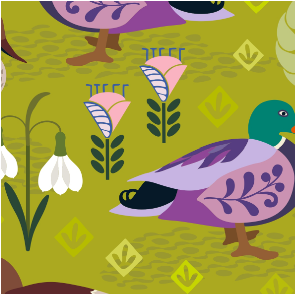 Fabric 28571 | Duck and drake are looking at each other in a park with folk flowers