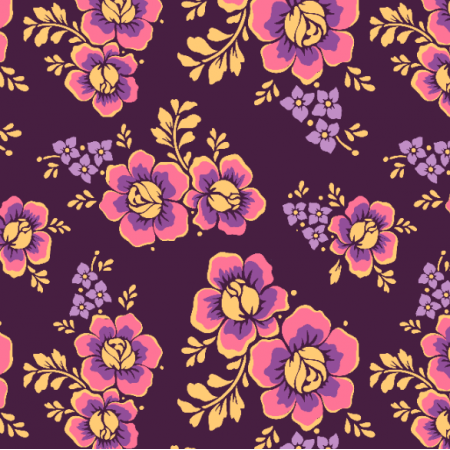 28765 | Ornamentalne różowo-fioletowe kwiaty w stylu retro na purpurowym tle