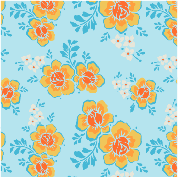 Fabric 28766 | ORNAMENTALNE pomarańczowo-żółte KWIATY W STYLU RETRO NA niebieskim TLE