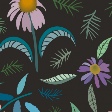 Tkanina 28788 | Beauteous  echinacea, coneflower field, scattered, herbal medicine concept pastel hues on dark