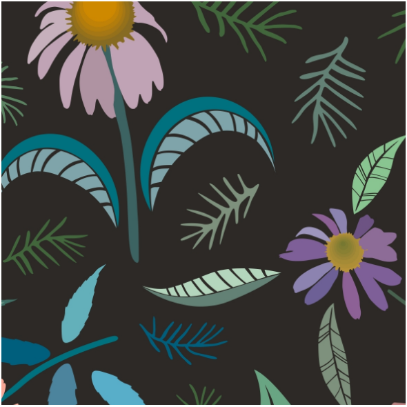 Tkanina 28788 | Beauteous  echinacea, coneflower field, scattered, herbal medicine concept pastel hues on dark