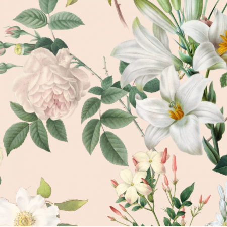 Tkanina 30588 | Duże Białe kwiaty - Pudrowy Róż