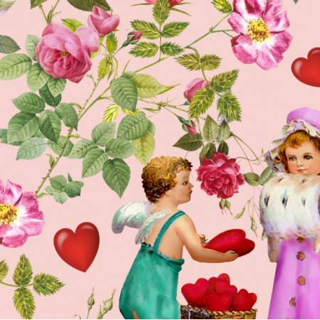 Tkanina 30861 | Amor Rozdający Serca w Ogrodzie Róż - Różowe Tło