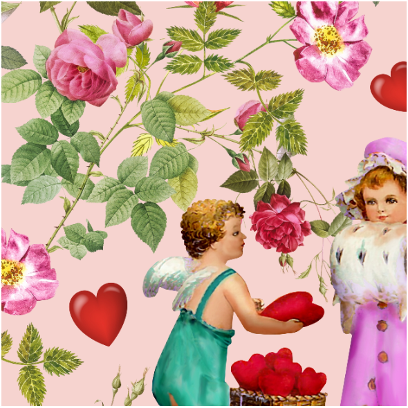 Fabric 30861 | Amor Rozdający Serca w Ogrodzie Róż - Różowe Tło