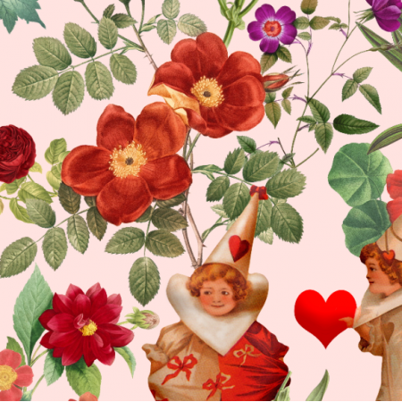 Tkanina 30865 | Walentynki W Bujnym Ogrodzie - Różowe Tło 