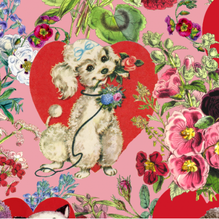 Tkanina 30927 | Pieski i Kotki Swiętują Walentynki - Różowe Tło